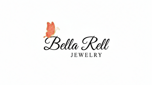 small coral pink butterfly over the letter b in the name Bella Rell Jewelry in black writing
